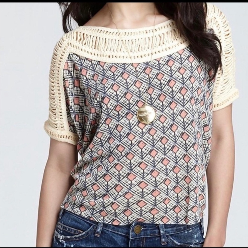 Free People Cream Crochet Trim Geometric Print Top